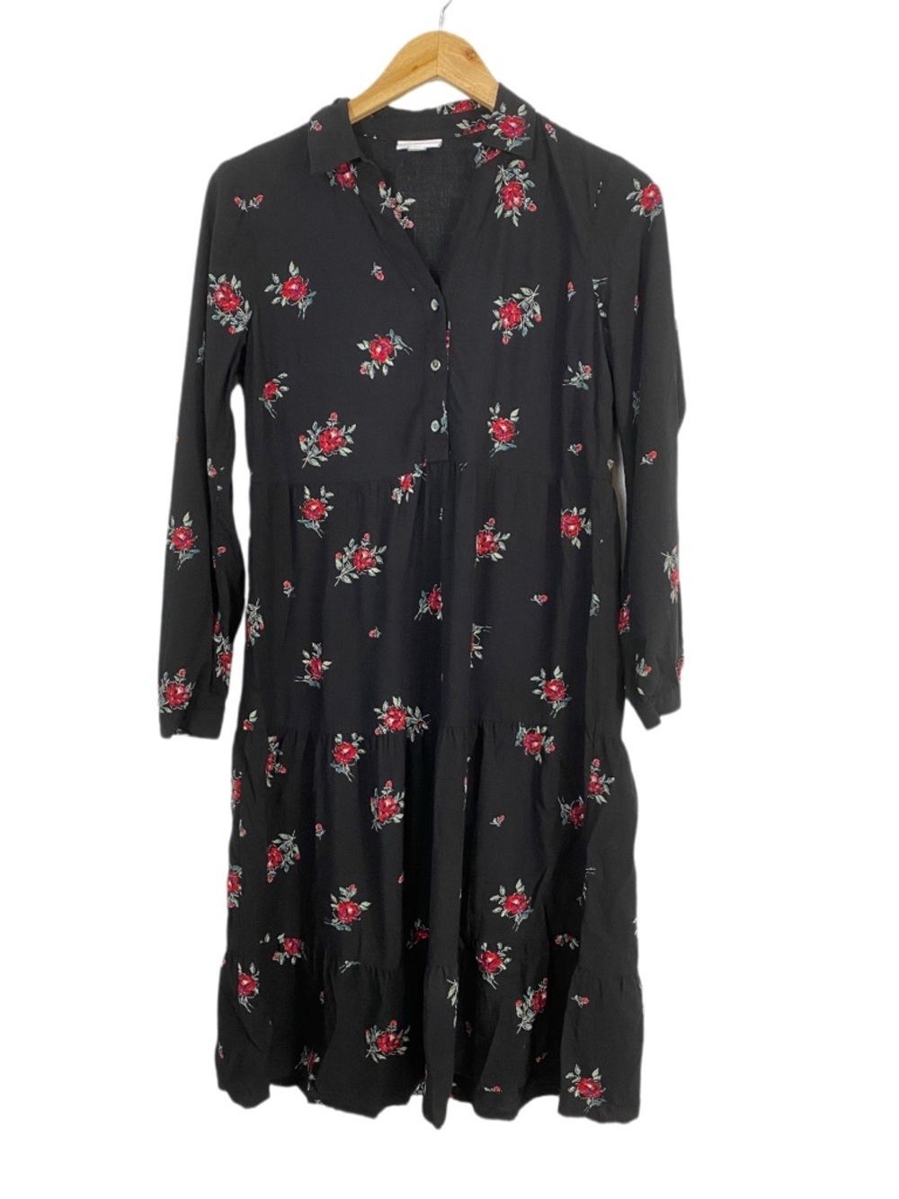 J.Jill Black Floral Midi Dress XSP Long Sleeve Tiered Boho Casual Swing